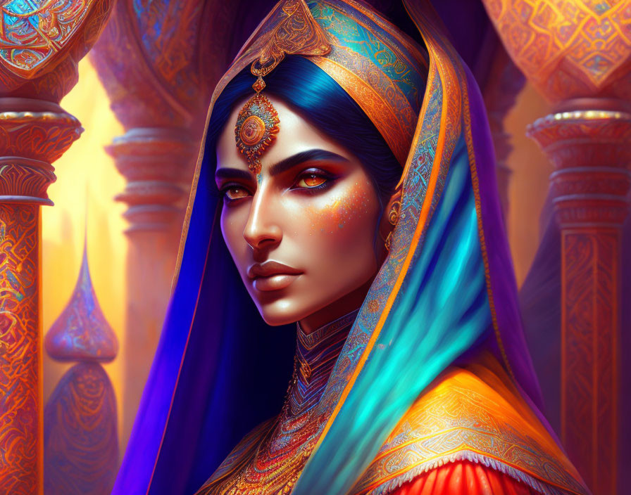 Vibrant digital artwork of a woman with blue skin and gold jewelry