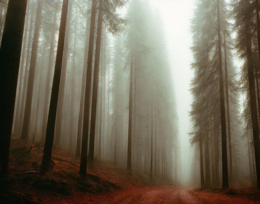 Misty forest scene with tall trees and reddish-brown floor
