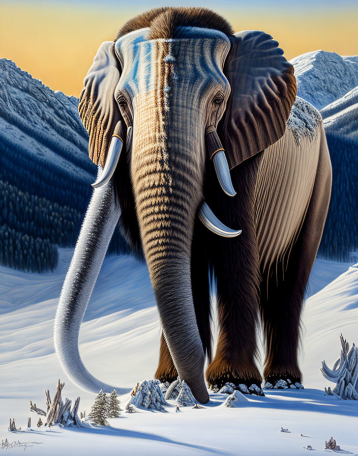 Surreal painting of mammoth elephant in snowy landscape