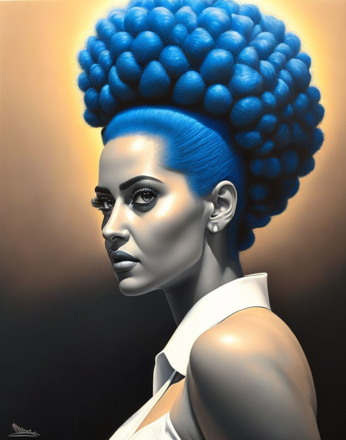 Stylized woman with blue beehive hairstyle on golden background