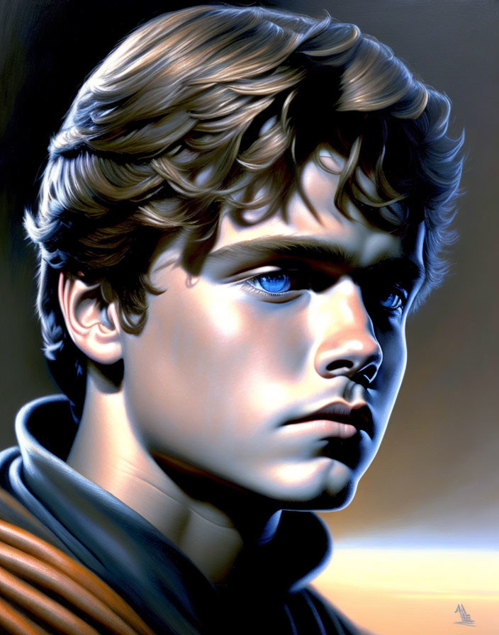 Detailed illustration of young man with wavy brown hair and blue eyes