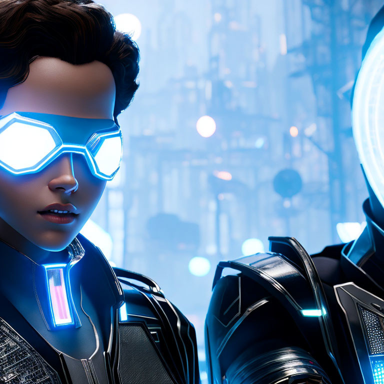 Futuristic individuals in illuminated glasses and high-tech suits in neon-lit city.