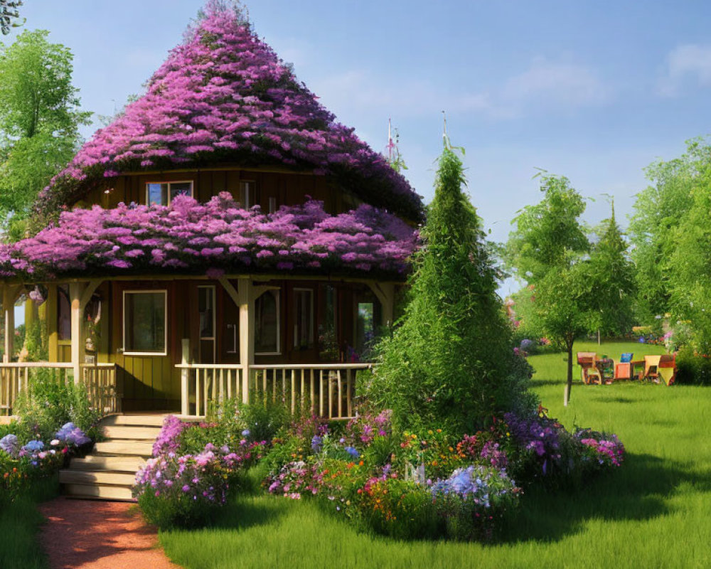 Wooden Cottage with Purple Flowering Roof in Lush Garden