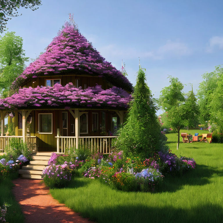 Wooden Cottage with Purple Flowering Roof in Lush Garden