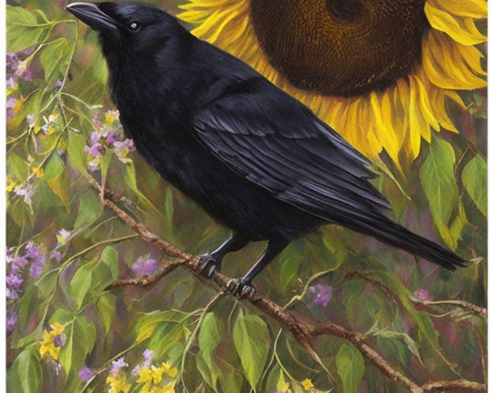 Black raven on branch with yellow sunflowers and purple flowers.