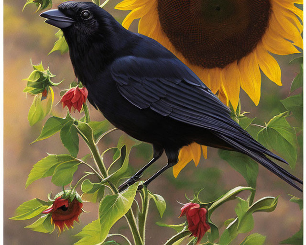 Black crow on green stem among sunflowers and red flowers with soft-focus background