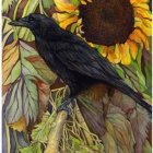 Black raven on branch with yellow sunflowers and purple flowers.
