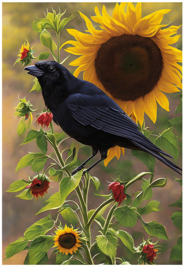 Black crow on green stem among sunflowers and red flowers with soft-focus background