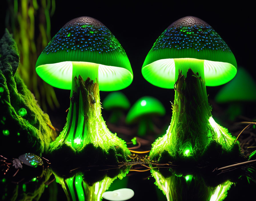 Illuminated artificial mushrooms on dark background