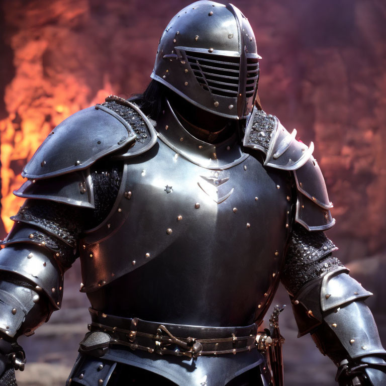 Knight in Shining Armor Ready for Battle Against Fiery Backdrop