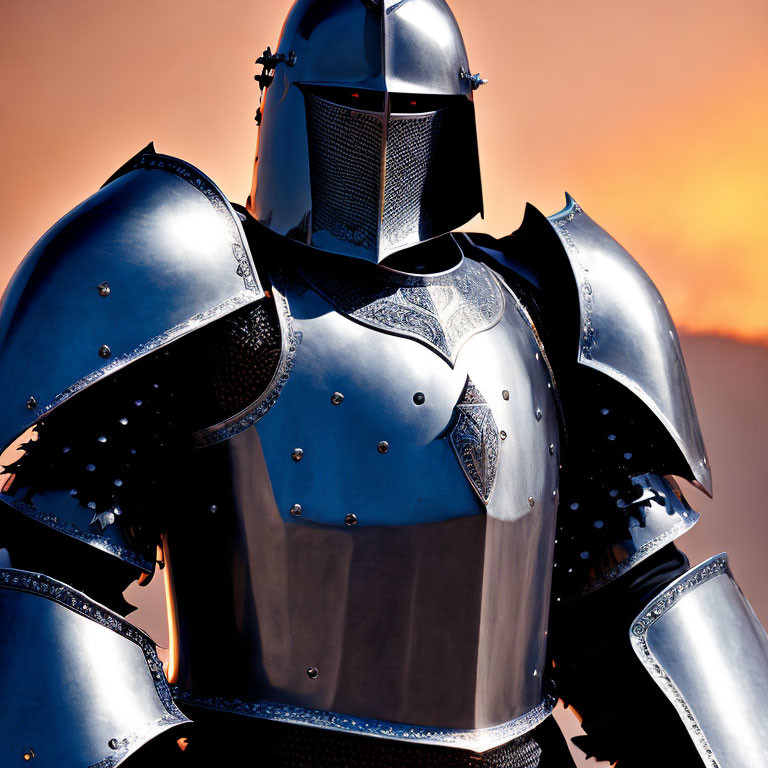 Medieval knight in full armor against orange sky