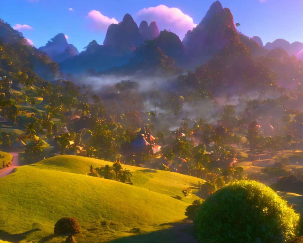 Tranquil sunrise landscape with green hills and misty village.