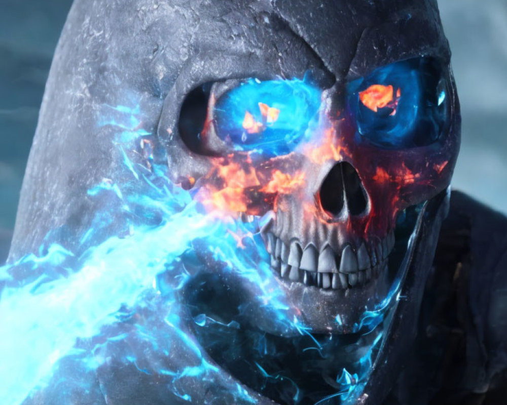 Skull with Glowing Blue Eyes and Flames on Blurred Background