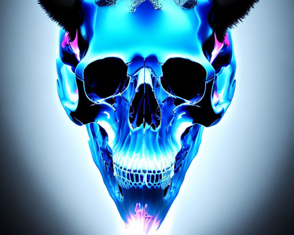 Vivid Blue Flaming Skull with Horns on Bright Background