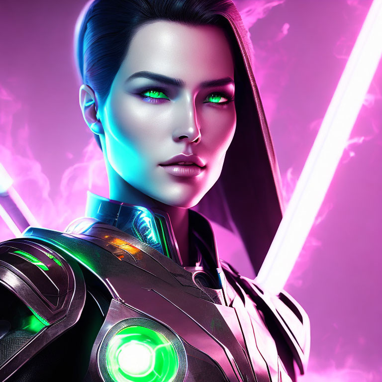 Futuristic female warrior with green eyes, neon lights, advanced armor, and light saber