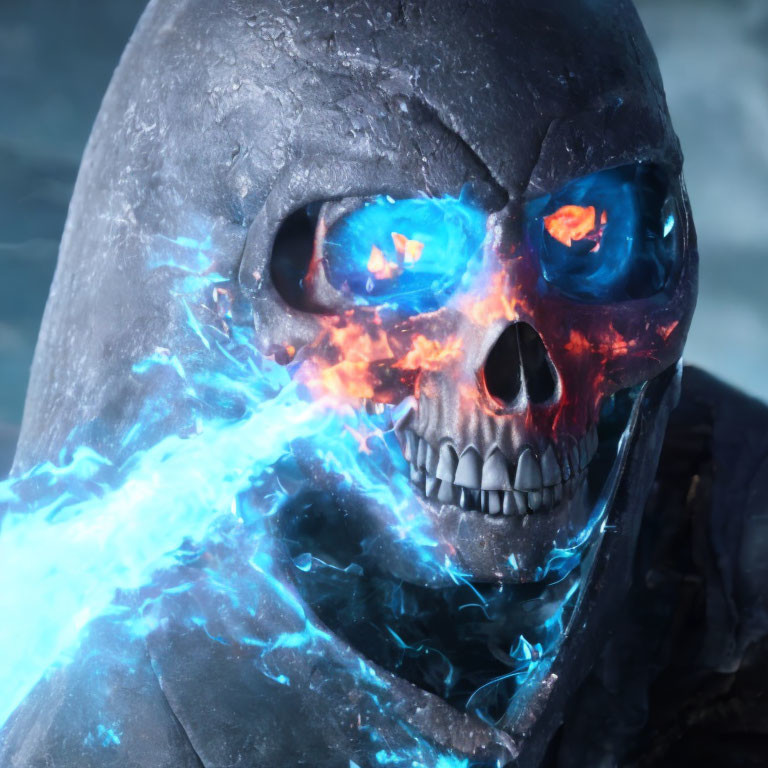 Skull with Glowing Blue Eyes and Flames on Blurred Background