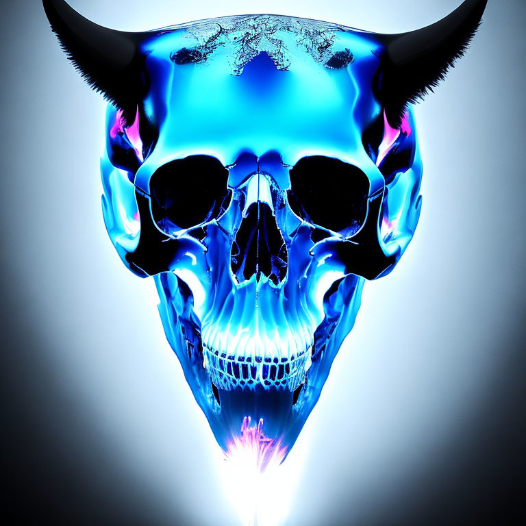 Vivid Blue Flaming Skull with Horns on Bright Background