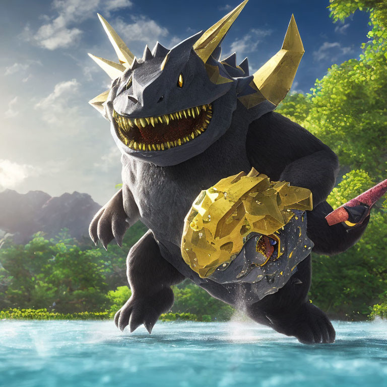 Animated Godzilla-like monster with golden shield in sunny forest clearing