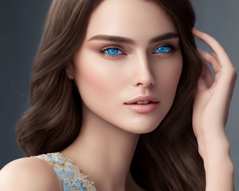 Blue-eyed woman in embellished blue dress with loose waves hairstyle
