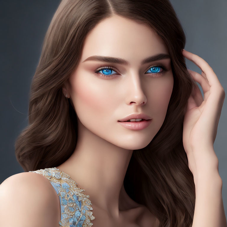 Blue-eyed woman in embellished blue dress with loose waves hairstyle