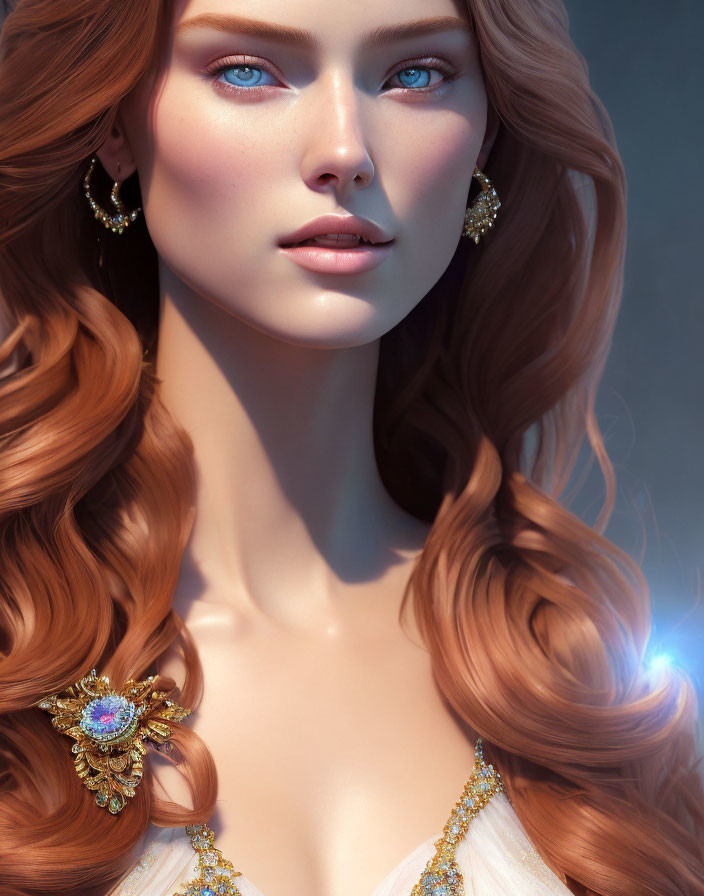 Portrait of Woman with Auburn Hair, Blue Eyes, Golden Earrings, and Ornate Necklace