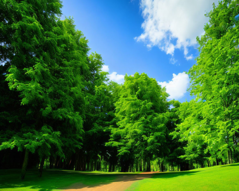 Vibrant green trees in lush park with clear blue sky