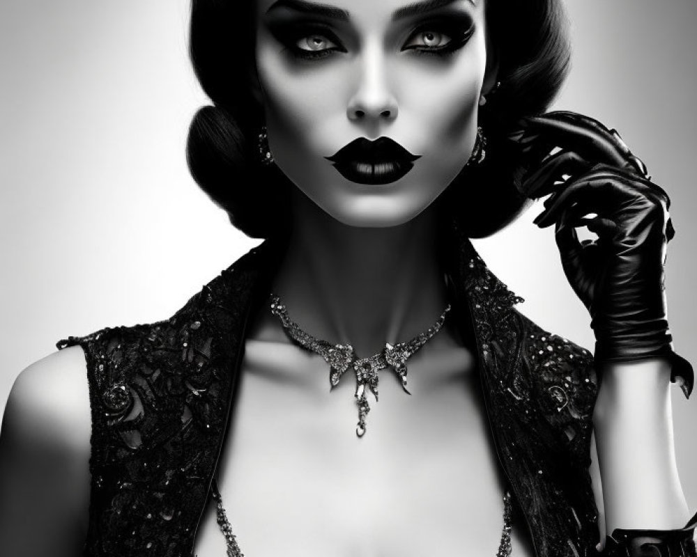 Monochrome photo of woman in vintage attire with horned headpiece & leather gloves