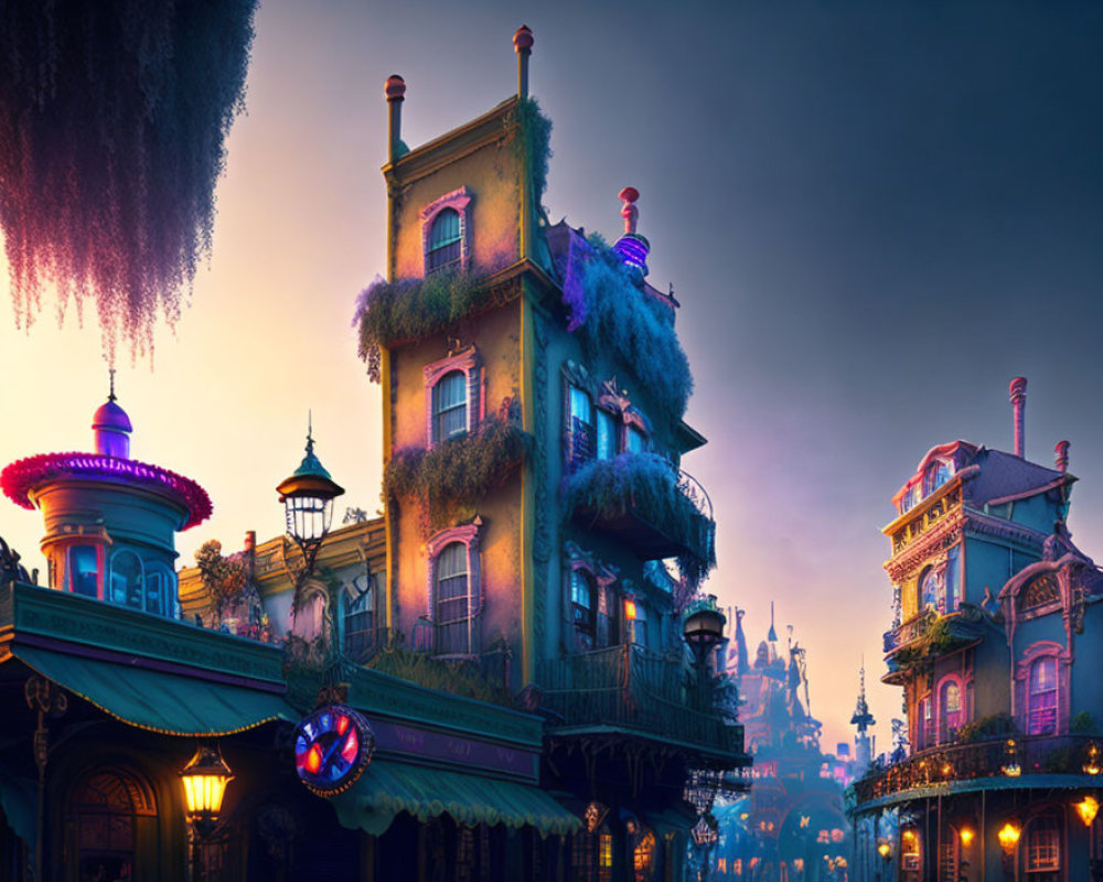 Colorful, whimsical street with ornate buildings and plants at twilight