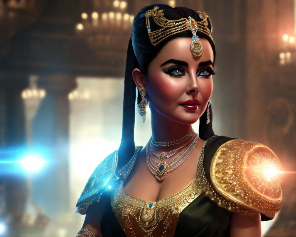 Digital Artwork: Woman in Ancient Egyptian-Style Attire with Elaborate Jewelry