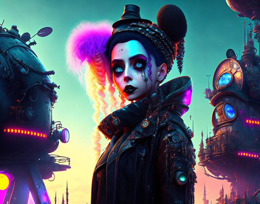 Gothic clown-like character in front of neon futuristic cityscape