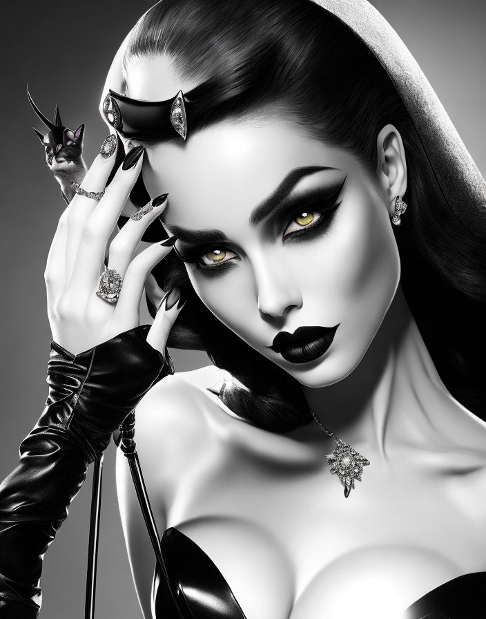 Monochrome portrait of woman with dark makeup and gothic accessories