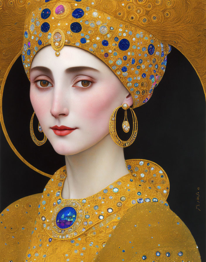 Serene woman portrait with golden headdress and blue gemstones
