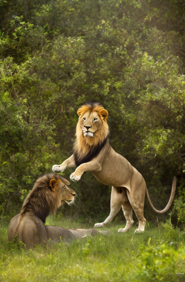 Male lion playfully confronts another lion in grassy setting.