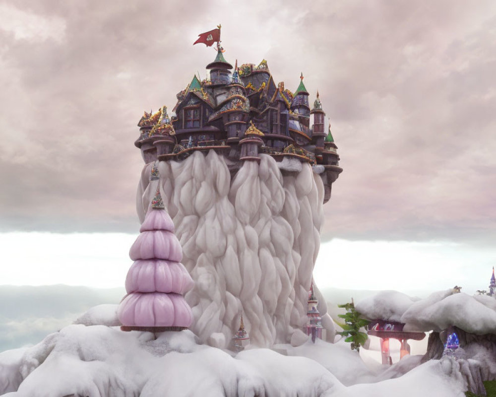 Enchanting castle on cloud-like formation with pink trees under dreamy sky