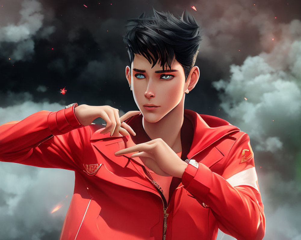 Stylized digital artwork of man in red jacket against dark sky