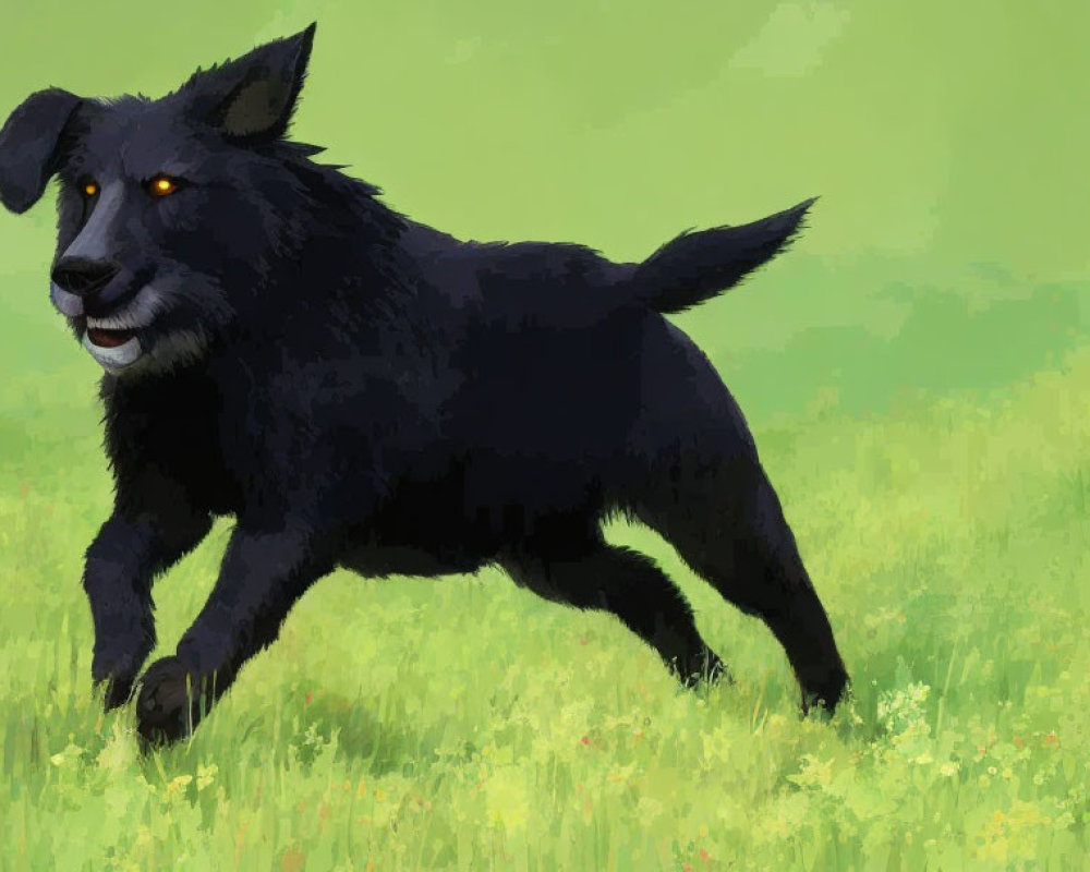Happy black dog running in green meadow with yellow flowers