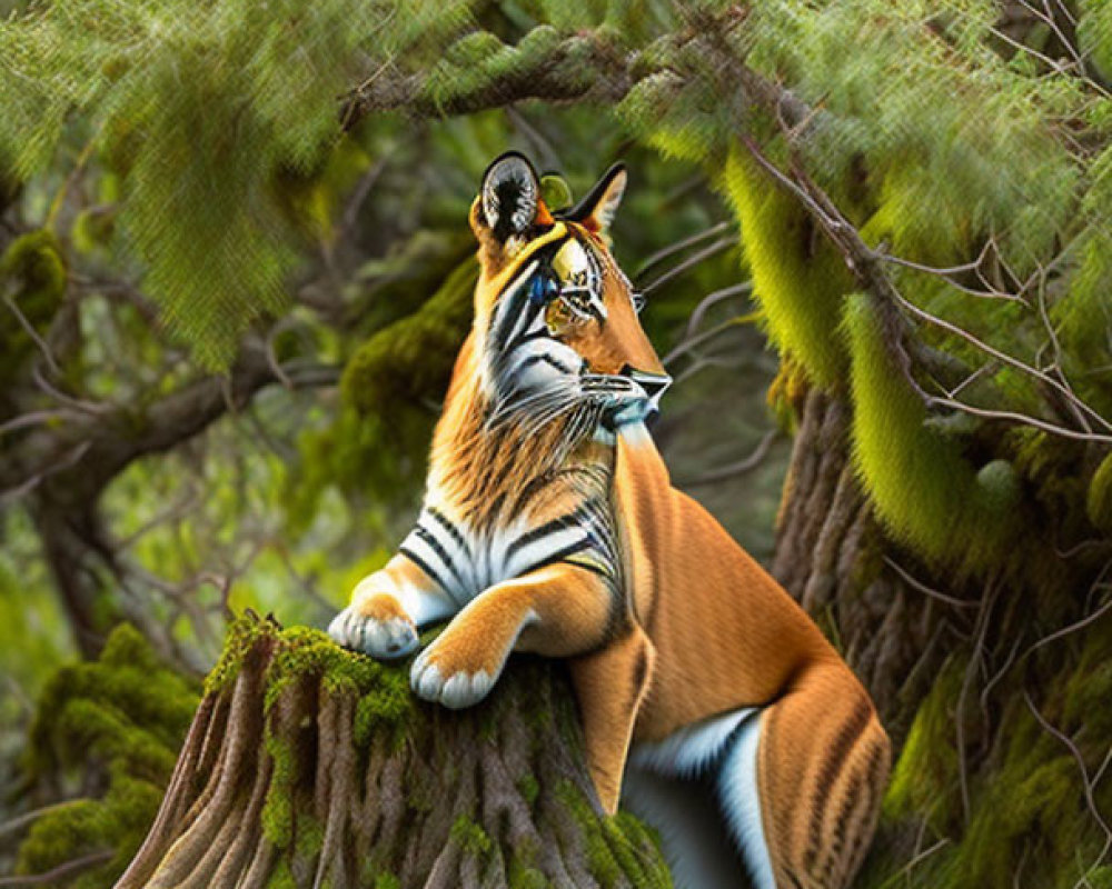Majestic tiger resting on moss-covered tree stump in lush green forest