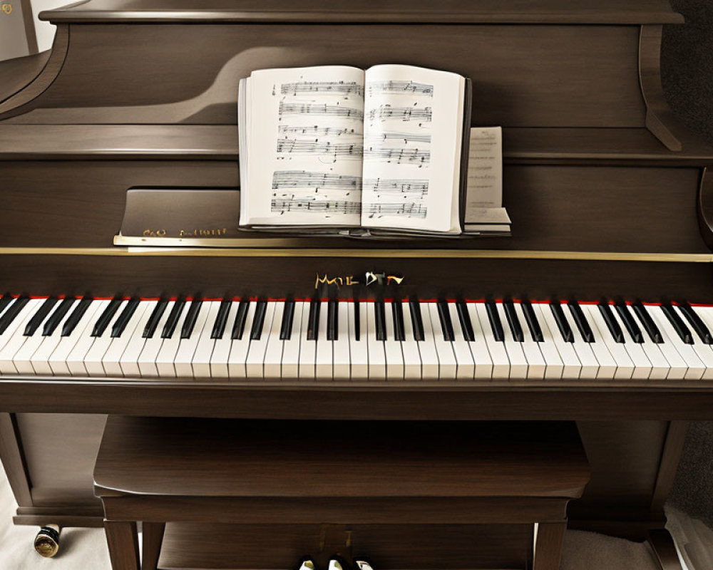 Detailed view of open sheet music book on wooden grand piano with black and white keys.