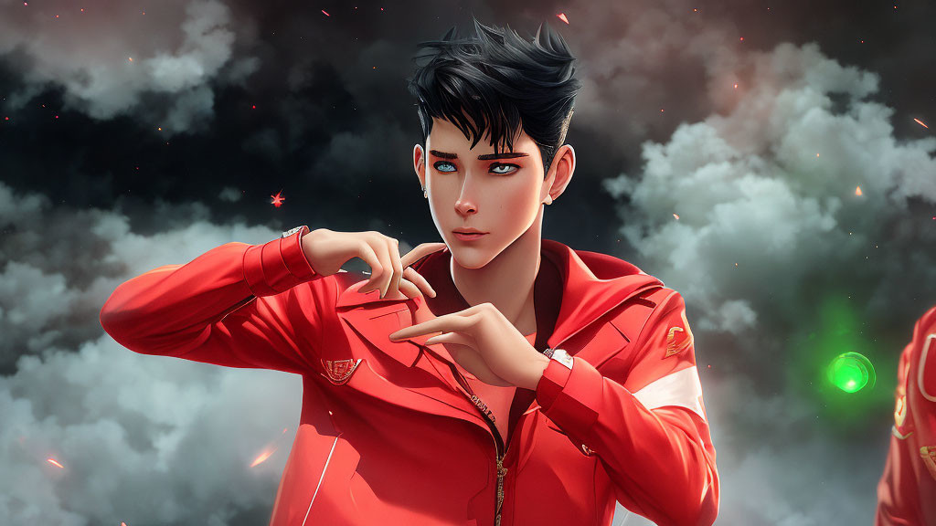 Stylized digital artwork of man in red jacket against dark sky