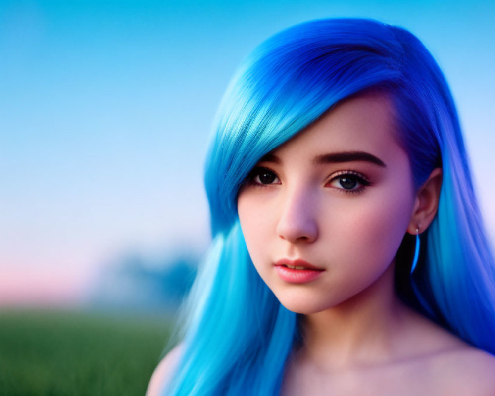 Person with Vibrant Blue Hair Against Twilight Sky and Greenery