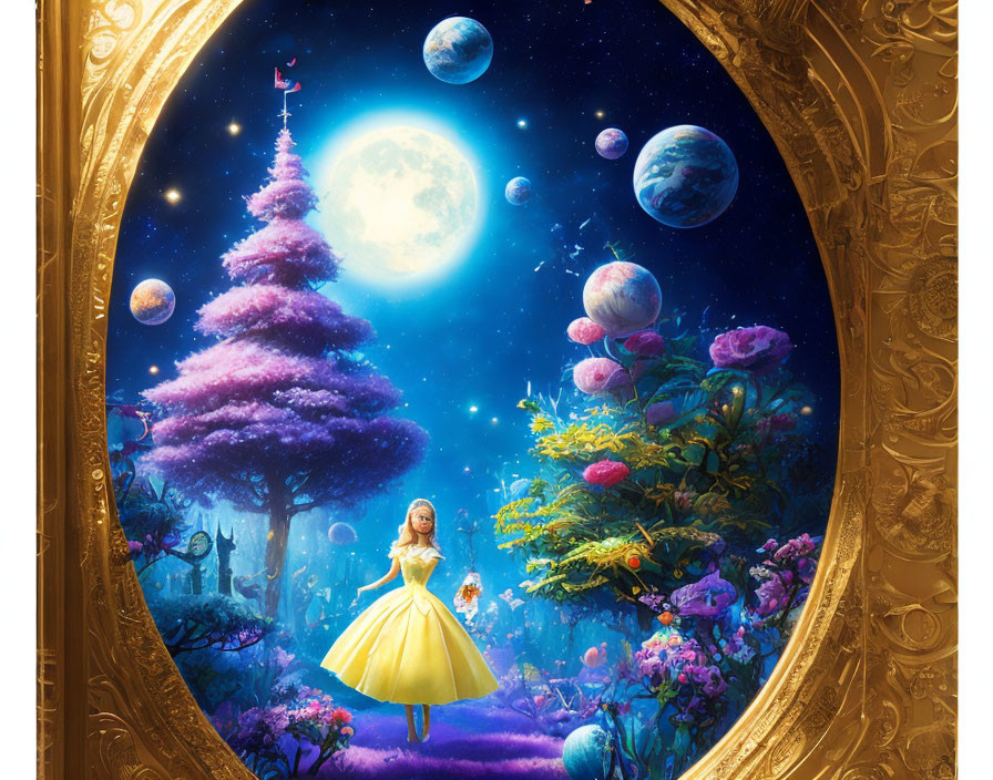 Girl in yellow dress gazes at moon surrounded by planets and purple trees
