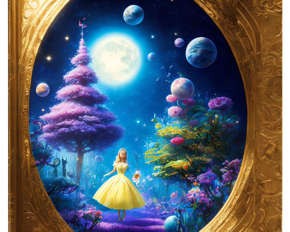 Girl in yellow dress gazes at moon surrounded by planets and purple trees