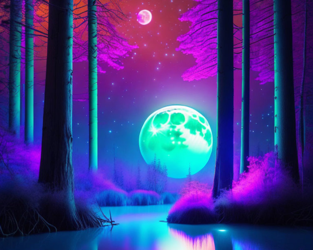 Digital artwork: Neon-lit forest with green moon over river