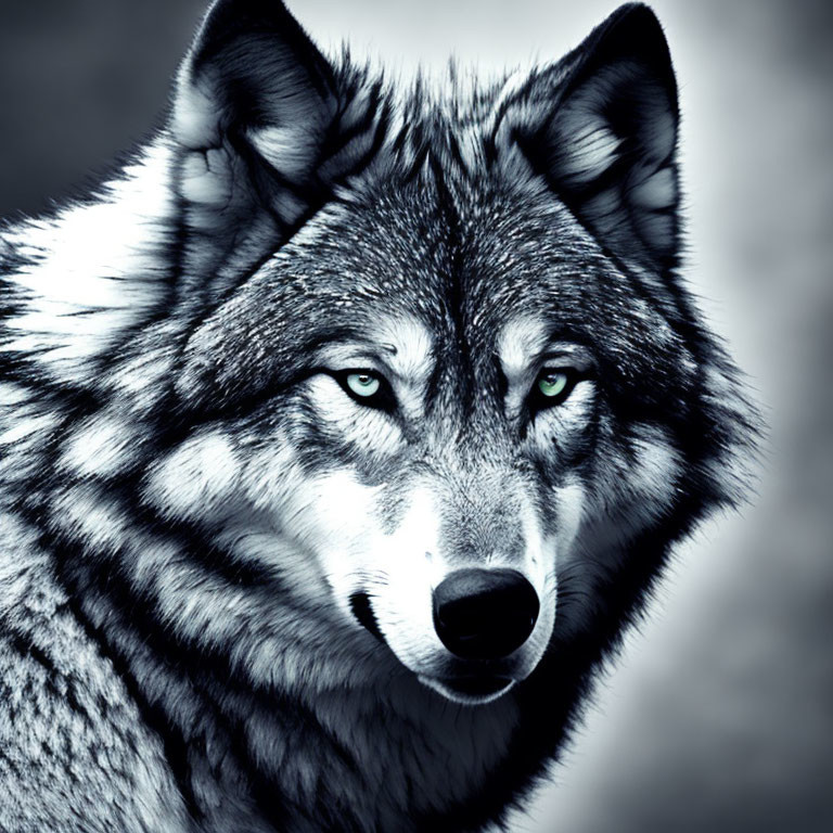 Detailed close-up of wolf with piercing blue eyes on blurred grey backdrop