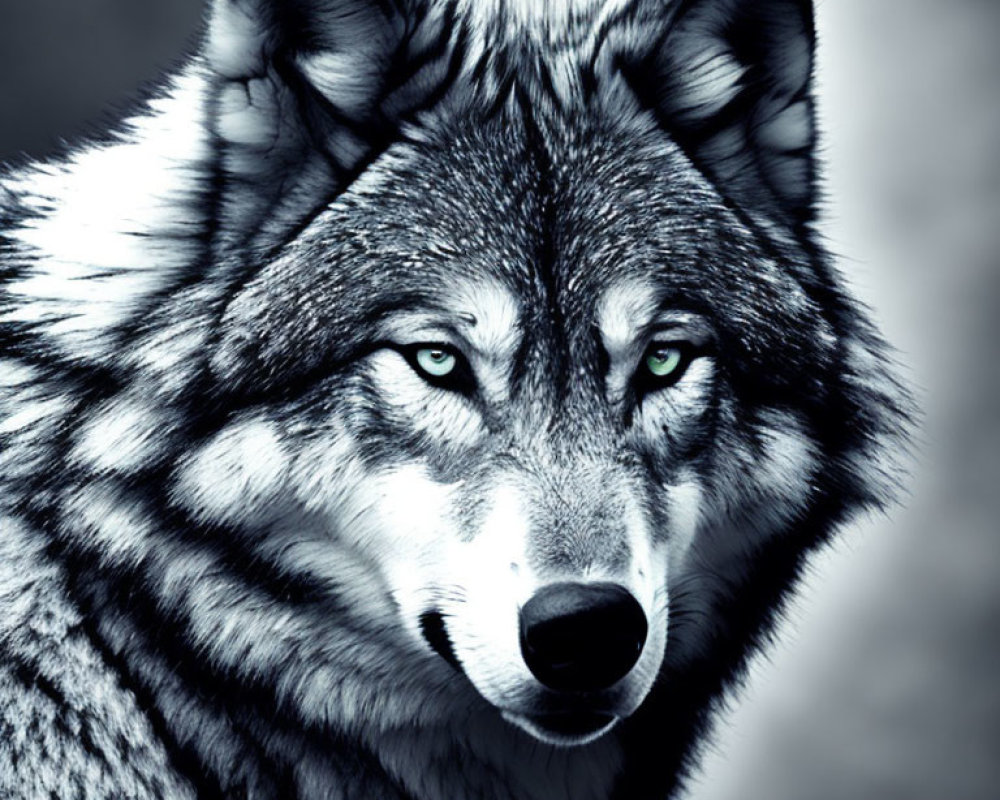 Detailed close-up of wolf with piercing blue eyes on blurred grey backdrop