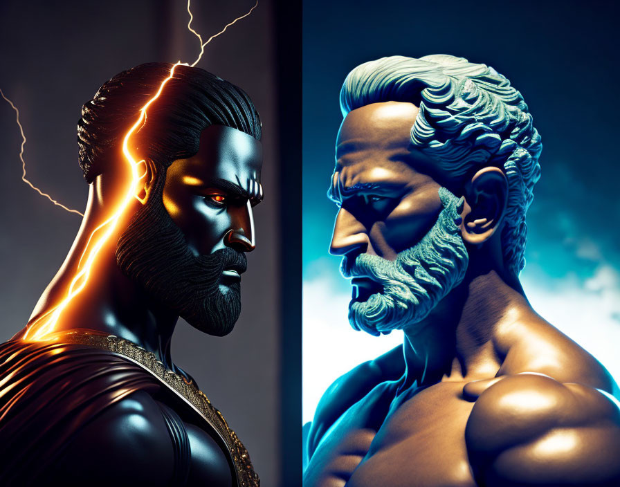 Stylized male figures in warm and cool tones divided by lightning bolt