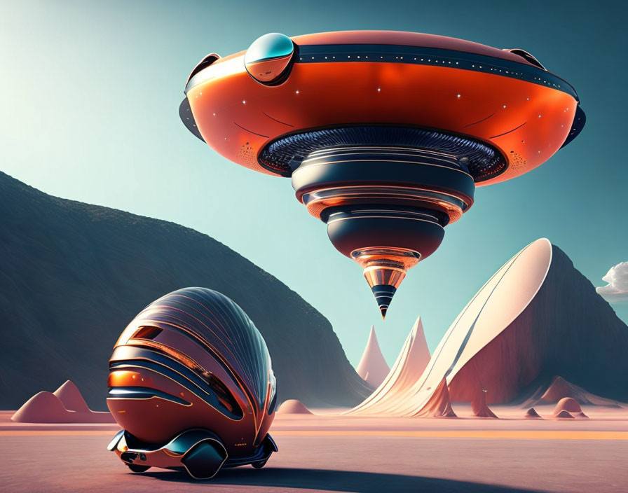 Futuristic orange hover car and floating spaceship in desert landscape