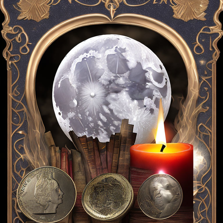 Full Moon Surrounded by Ornate Borders, Old Books, Candle, and Coins