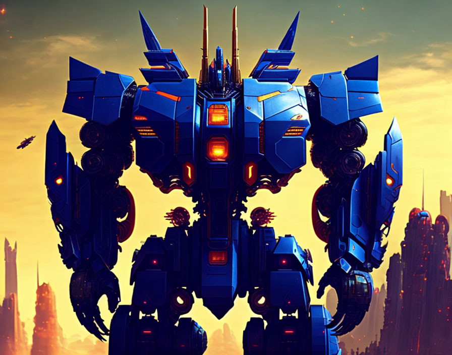Giant blue robot with orange accents in futuristic cityscape at sunset