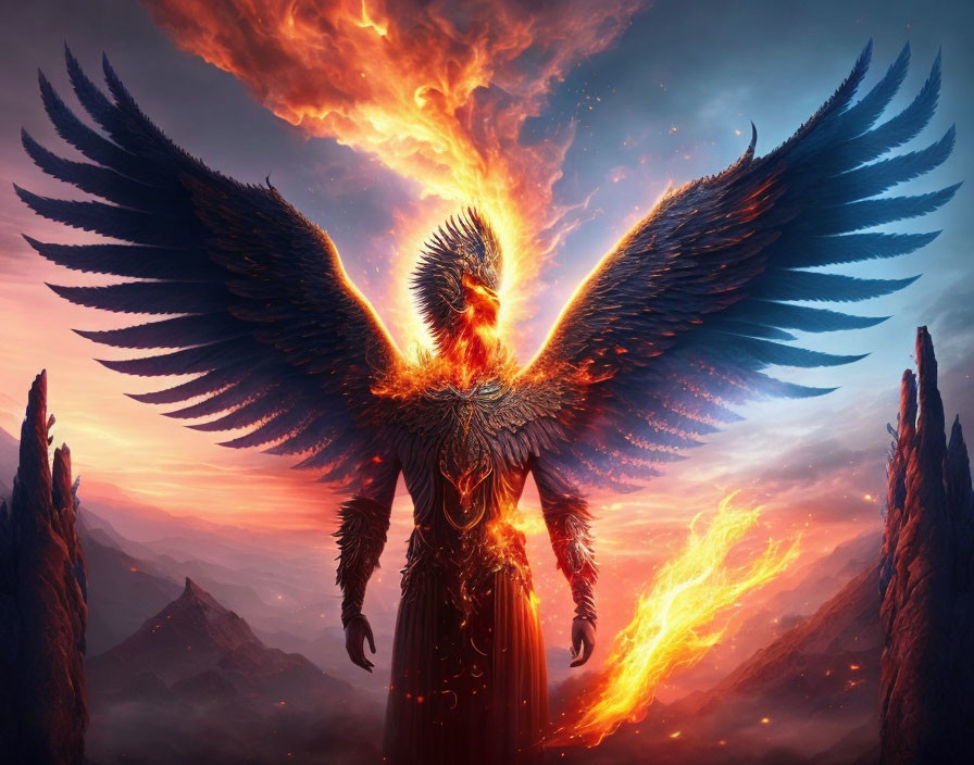 Majestic phoenix with fiery wings in dramatic sky